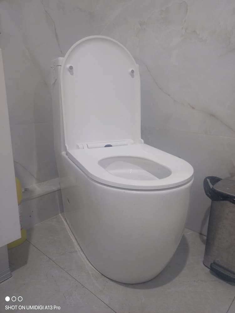 A close-coupled ceramic toilet with cistern and seat in a domestic bathroom